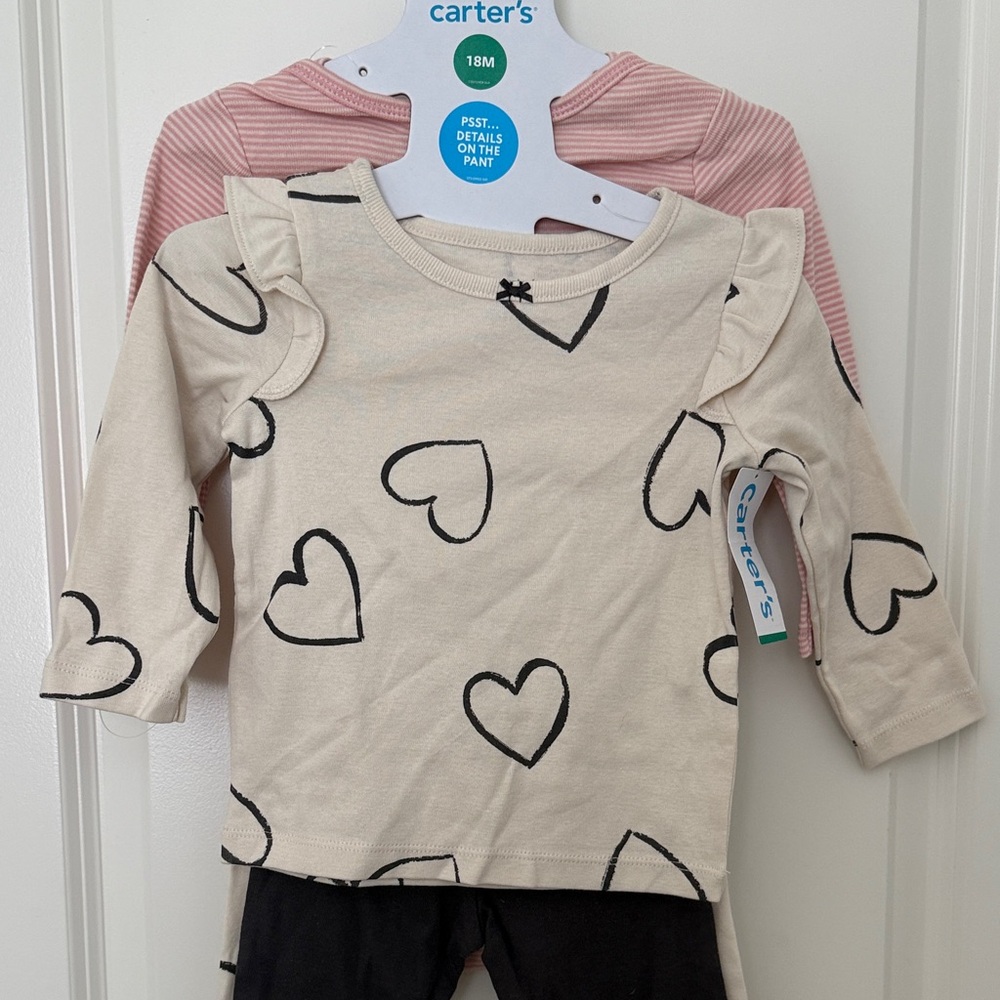 Carter's Cream and Black Heart Long Sleeve Tee/Pants - 4 piece